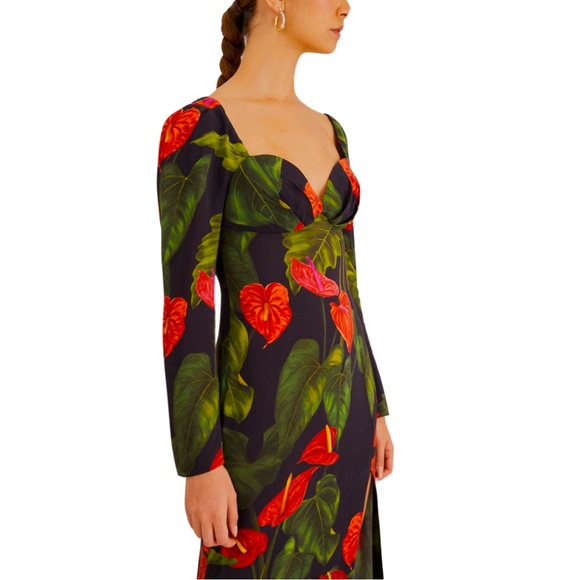 NWT 🏷️ Farm Rio Black Anthurium Slit Midi Dress🌺🦜 - Picture 4 of 6
